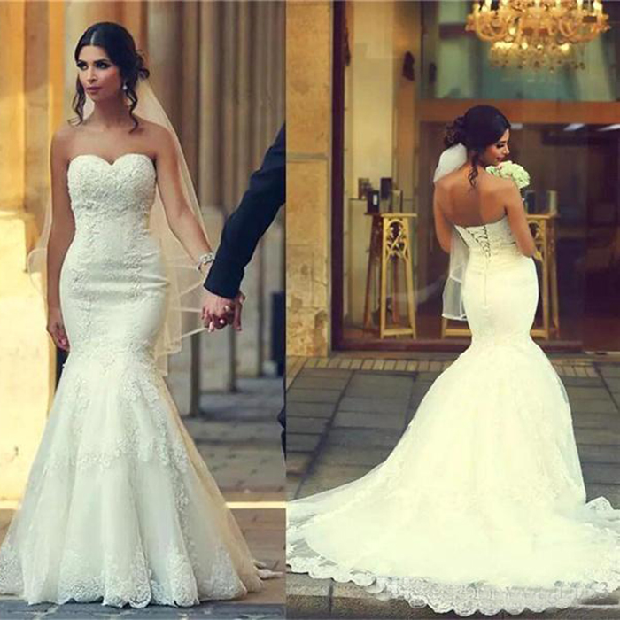 Sexy Lace Mermaid Wedding Dresses Mhamad Sweetheart Lace Up Back Court Train Applique Wedding Bridal Gowns, Dark green
Sexy Lace Mermaid Wedding Dresses Mhamad Sweetheart Lace Up Back Court Train Applique Wedding Bridal Gowns, Dark green