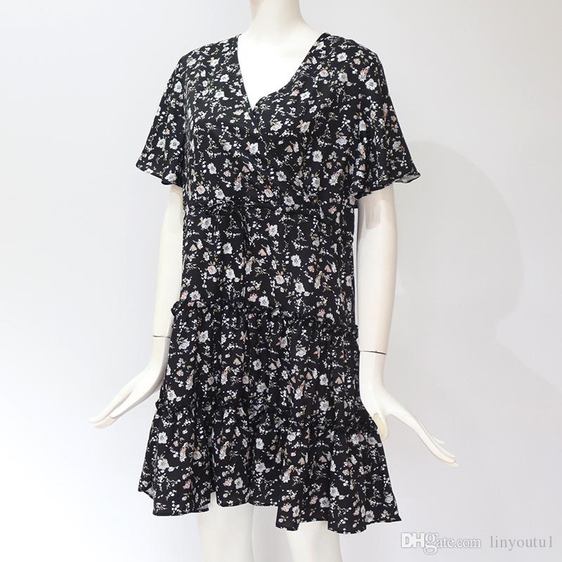 2020 Summer Beach Dress Boho Style Women Floral Print Chiffon Dress Sexy V-neck Short Sleeve A-line Mini Party Dress