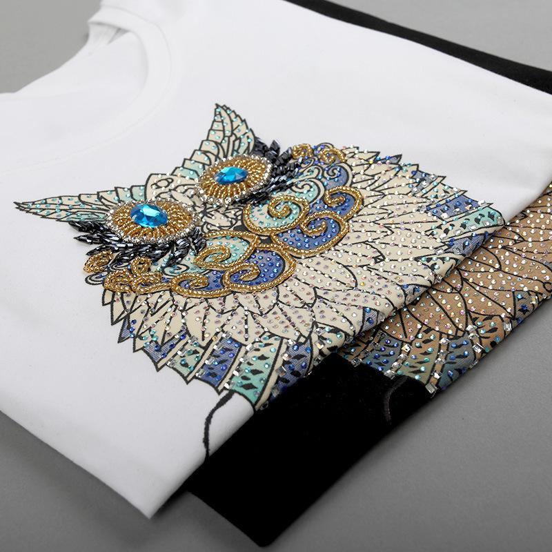 New Fashion Vintage Summer TShirt Women Clothing Tops Beading Diamond Sequins Animal Owl Print Tees Woman Clothes Plus Size