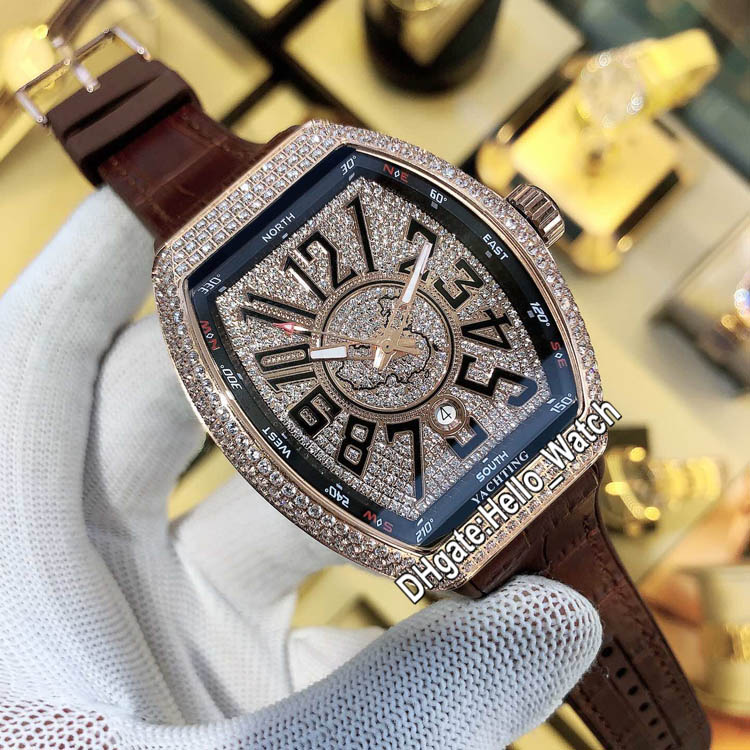 Luxury Vanguard Classic New Saratoge V45 SC DT China Map Commemorative Diamond Dial Automatic Mens Watch Rose Gold Brown Leather Hello_Watch