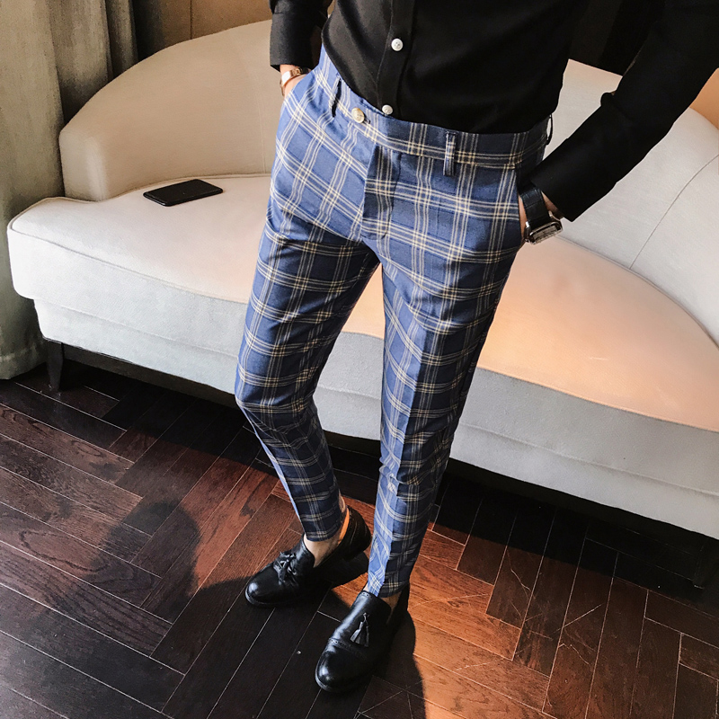 Mens fashion Men Dress Pant Plaid Business Casual Slim Fit Homme Classic Vintage Check Suit Trousers Wedding Pants