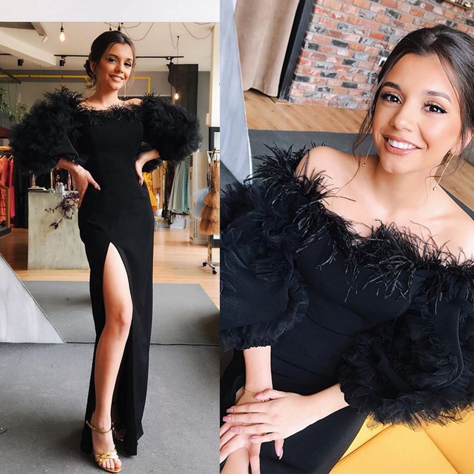 2019 Black Prom Dresses Off The Shoulder Satin Feather Floor Length Sexy High Split Evening Dress A Line robes de soirée Formal Gowns, Purple
2019 Black Prom Dresses Off The Shoulder Satin Feather Floor Length Sexy High Split Evening Dress A Line robes de soirée Formal Gowns, Purple