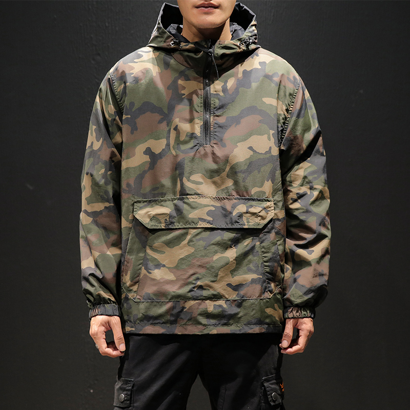 YASUGUOJI New 2019 Autumn Japanese Vintage Camouflage Jacket Men Streetwear Pullover Men Jacket Pocket Loose Hooded Mens Jackets