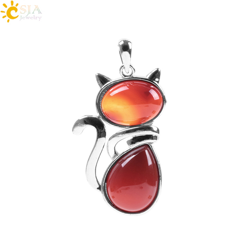 Natural Stone Necklaces Pendants for Women Girl Cute Cat Shape Rock Pink Quartz Black Onyx Beads Chain Reiki Jewelry