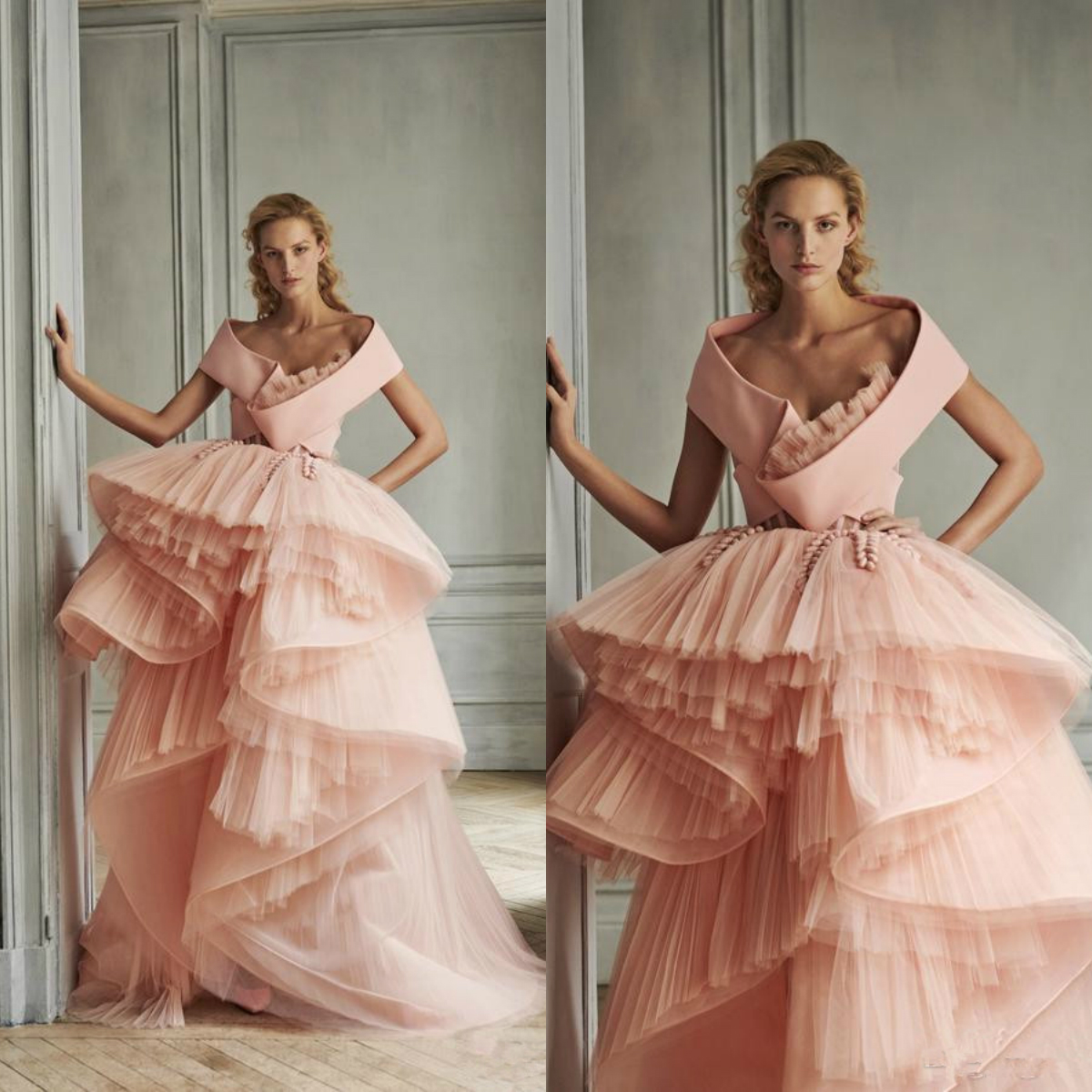 2020 Azzi Osta Pink Prom Dresses A Line Ruffles Sweep Train High Low Designer Evening Dress Tiered Skirts Cocktail Party Gowns