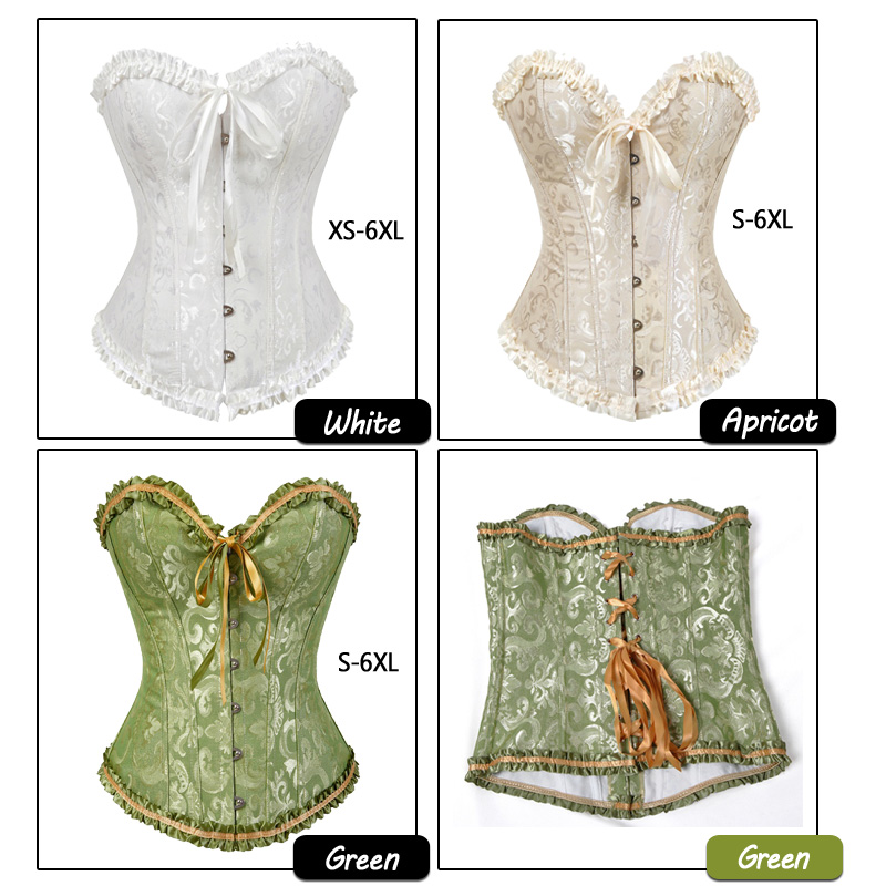 Plus Size S-6XL Overbust Satin Ribbon Ruffle Trim Jacquard Bustier Lace up Corset Black, Red, White 3XL, 4XL, 5XL No Padded Linning on Back