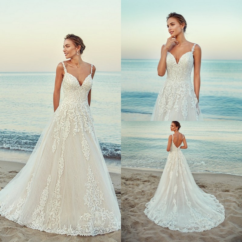eddy k wedding dresses lace appliqued bohemian beach bridal gowns boho a line sexy spaghetti neck wedding dress plus size