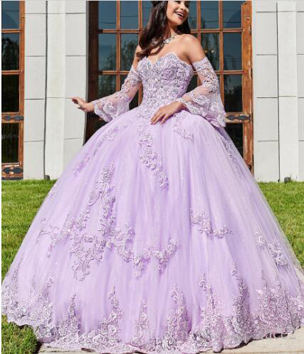 Elegant Lavender Long Sleeves Quinceanera Dresses 2020 New Lace Applique Plus Size Bride Party Wear Sweet 16 Prom Gowns