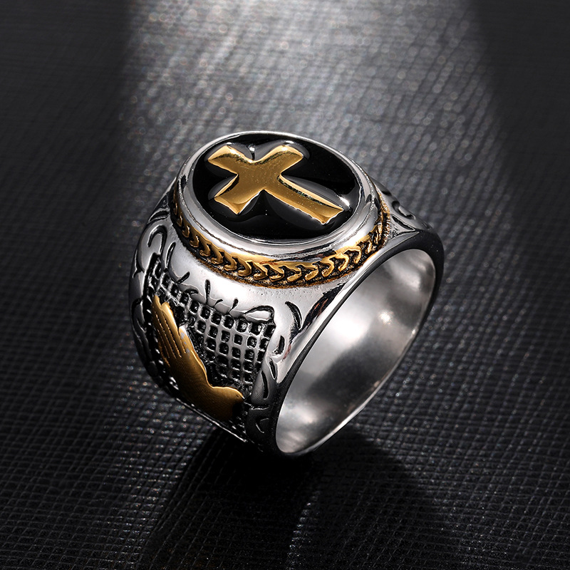 Stainless Steel Cross Pattern Casting Rings Praying Hands Together Hip Hop Men's Finger Ring Christian Jewelry