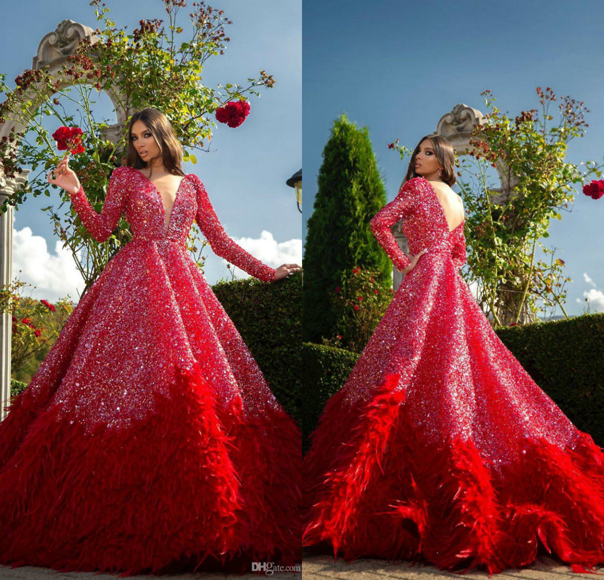 Arabic Sparkly Prom Dresses Deep V Neck Sequins Beads Luxury Feathers Long Sleeves Evening Gowns Backless Formal Occasion Dress