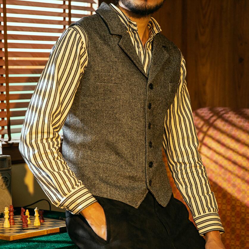 2020 Bristish Casual Groom Vests Peaked Lapel Dark Brown Wool Herringbone Tweed Groomsmen Attire Mens Suit Prom Wedding Waistcoat Dress 12