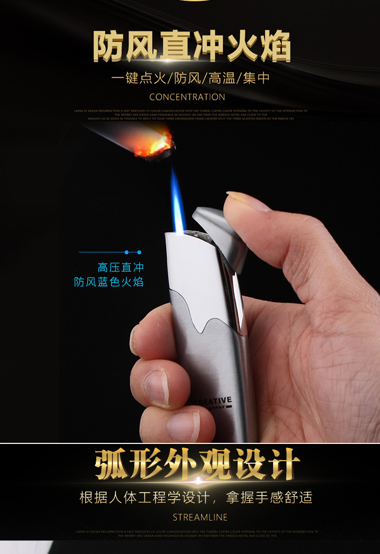 New Arrival Ultra Thin Metal Texture Inflatable Windproof Straight Lighter Blue Flame Creative Personality Jet Torch W260202