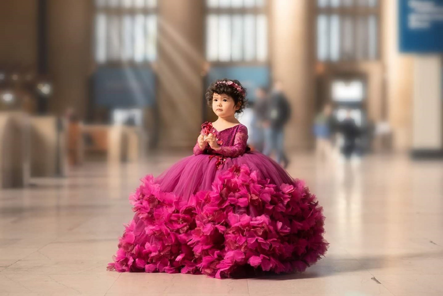 Newest Ball Gown Flower Girl V Neck Long Sleeve Tulle Lace Tiers Wedding Dress Floor Length Girl's Birthday Part 0431