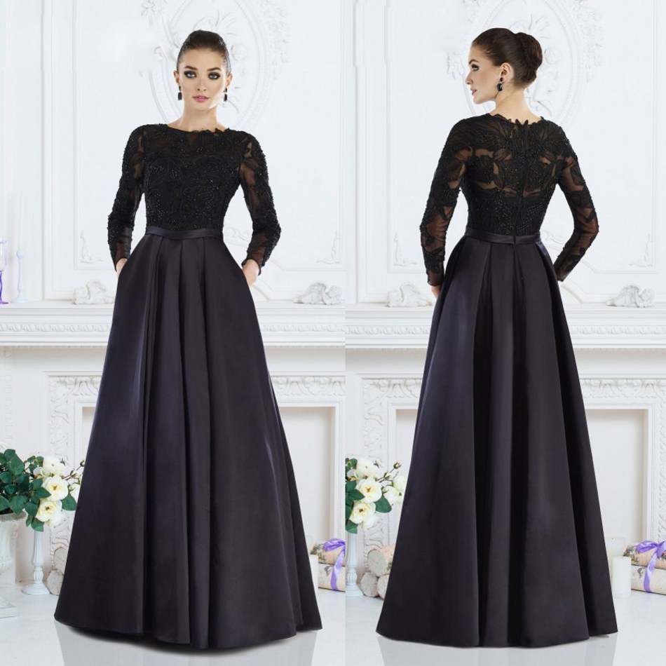 Cheap Janique A Line Satin Mother of The Bride Dresses Jewel Long Sleeve Lace Applique Wedding Guest Dress Floor Length Evening Gowns
