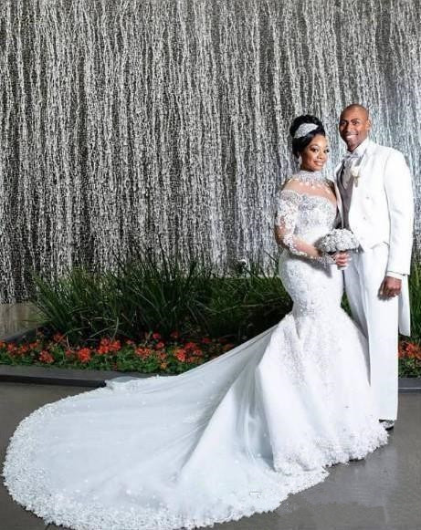 South African Mermaid Wedding Dresses Lace Crystals Beading Long Sleeves Bridal Gowns High Sheer Neck Plus Size Vestiods 49 0510