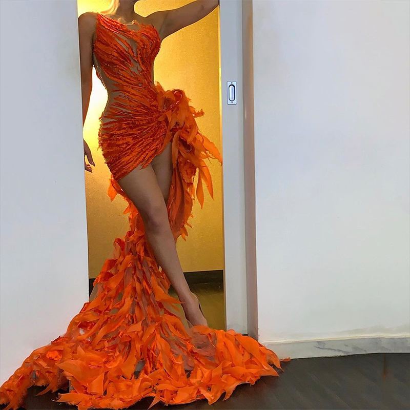 2020 Designer Orange Prom Dresses With Long Train Jewel Neck Ruffles Sexy Evening Dress Custom Made Short Formal Party Gowns