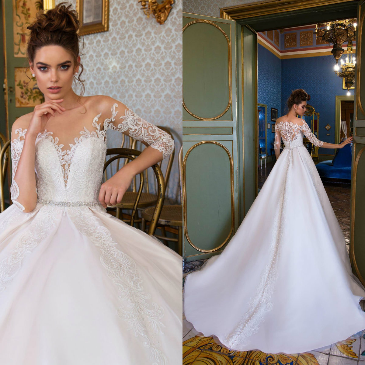 Lussanobridal Beach Wedding Dresses Sheer Neck 3/4 Sleeves Lace Bridal Gowns Boho Plus Size Wedding Dress vestido de novia