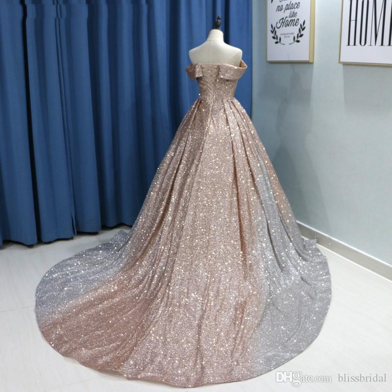 Ball Gown Champagne Quinceanera Off Shoulder Sequined Pleats Court Train Prom Pageant Dresses Vestidos De Quinceaera