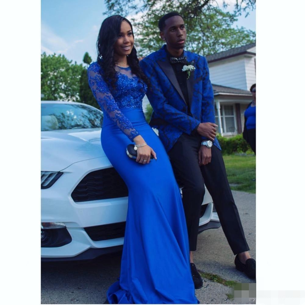 Royal Blue Prom Dresses Sexy Backless Mermaid Lace Applique Beaded Sheer Neck Long Sleeves South African Evening Party Gown