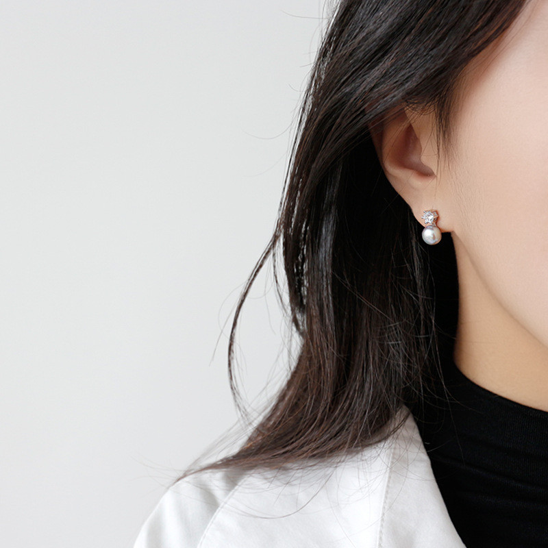 100% 925 Sterling Silver Zircon Earrings For Women Natural Freshwater Pearl Stud Earring Female Silver Fine Jewelry