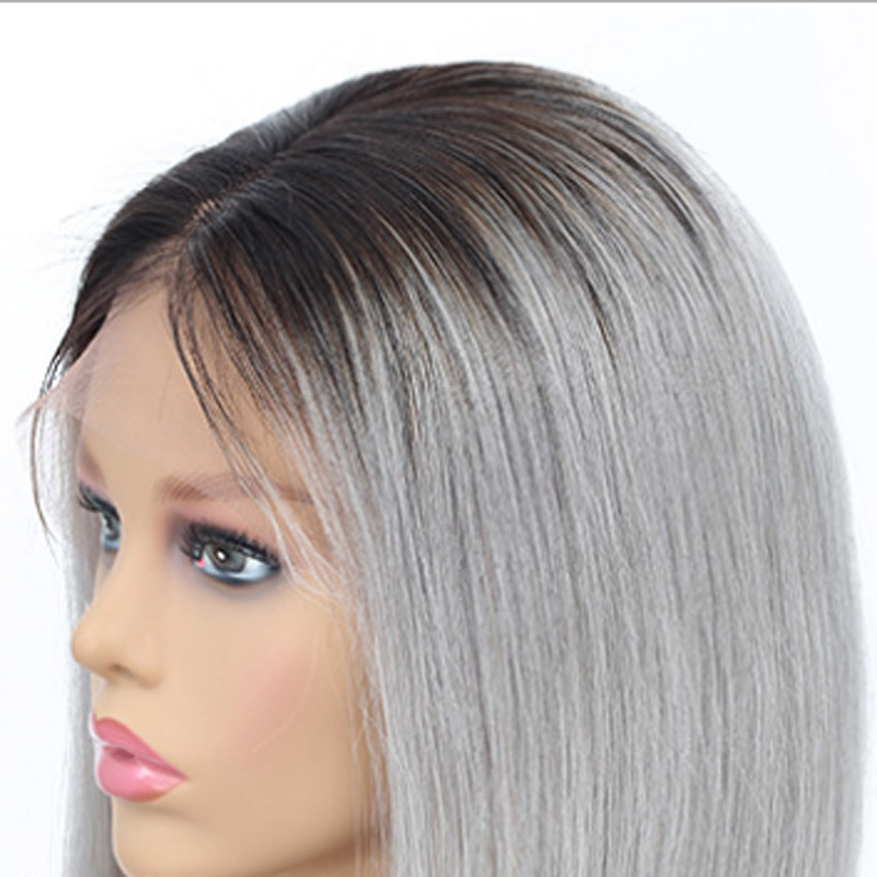 Indian Ombre Human Hair Silky Straight 1B/Grey 1B/Pink 13X4 Lace Front Wig 10-16Inch Short Bob Wigs
