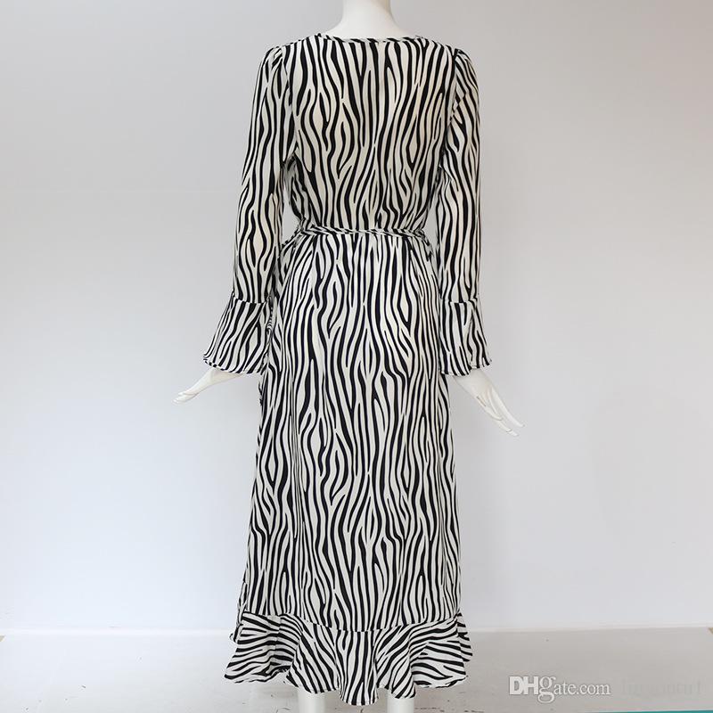 Summer Long Dresses 2020 Women Zebra Print Beach Chiffon Dress Casual Long Sleeve V Neck Ruffles Elegant Party Dress