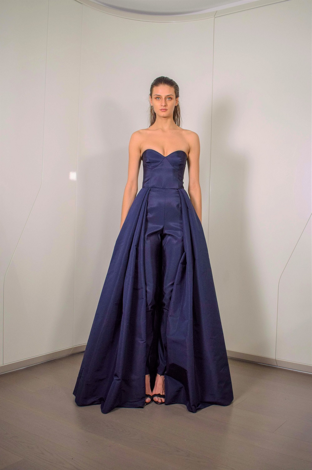 2019 Dark Navy Women Jumpsuits With Long Train Prom Dresses New Sweetheart Satin Evening Gowns Formal Party Dress robes de soirée