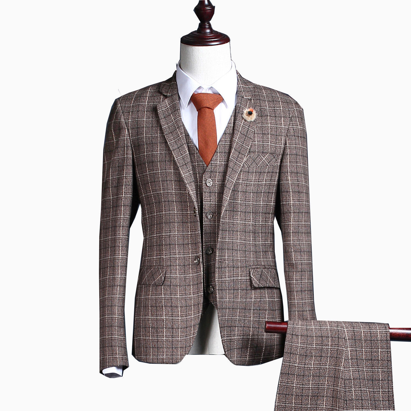 Khaki Brown Mens Suits Check 3 Pcs Suit Slim Fit Jacket Vest Pants 40 42 44 46+ Custom