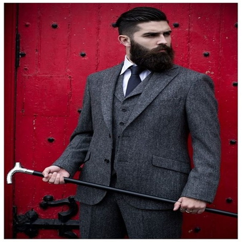 Very Good Two Buttons Grey Tweed Groom Tuxedos Notch Lapel Men Suits 3 pieces Wedding/Prom/Dinner Blazer (Jacket+Pants+Vest+Tie) W551