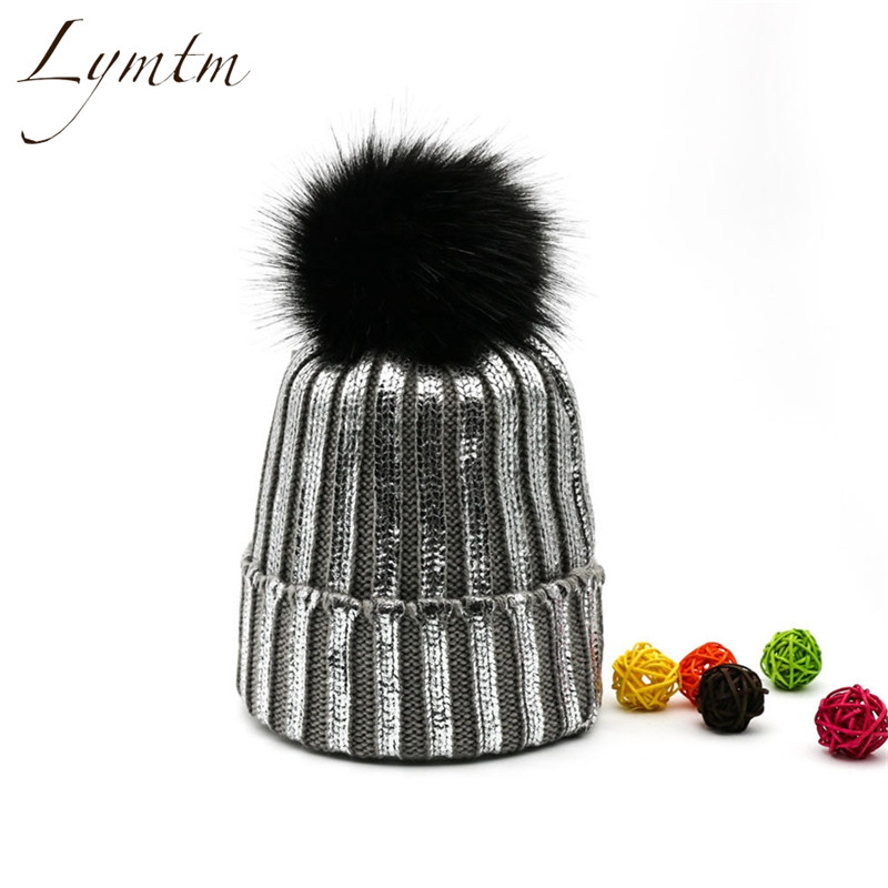 Winter Silver Bronzing Snap Fastener Pompom Knitted Beanies Hat Women Faux Fur Pompon Warm Ski Skullies Beanie High Quality S18120302