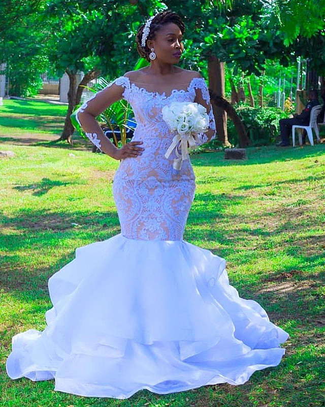 Plus Size African Mermaid Wedding Dresses 2020 Modern Cascading Ruffles Tiered Skirt Lace Long Sleeve Aso Ebi Bride Wedding Gown