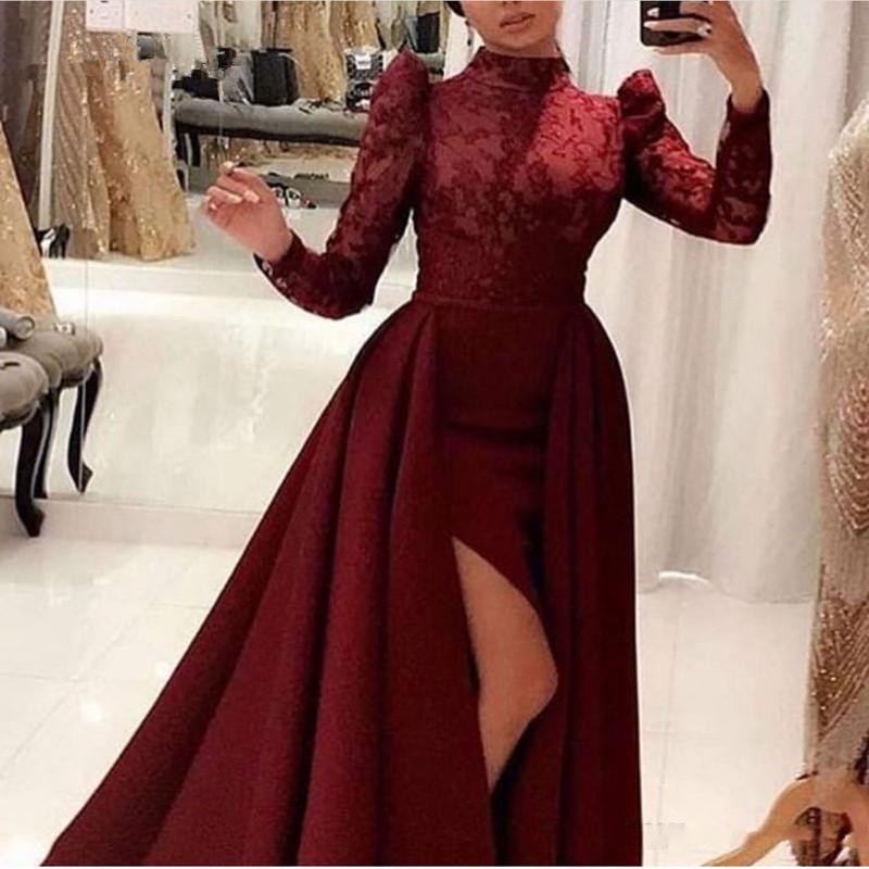 Burgundy Muslim Evening Dresses 2020 A-line High Collar Long Sleeves Slit Lace Dubai Saudi Arabic Long Party Gowns Prom Dress
