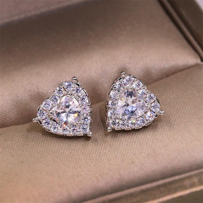 Sterling Sier Heart Stud Earrings with White Topaz CZ for Women - Simple & Elegant Party Wedding Jewelry Gift Free shipping