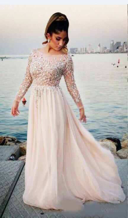 Luxury Long Sleeve Plus Size 2020 A line Prom Dresses Scoop Zipper Beaded Collar Empire Chiffon Tiered Skirts Sweep Train dress evening wear