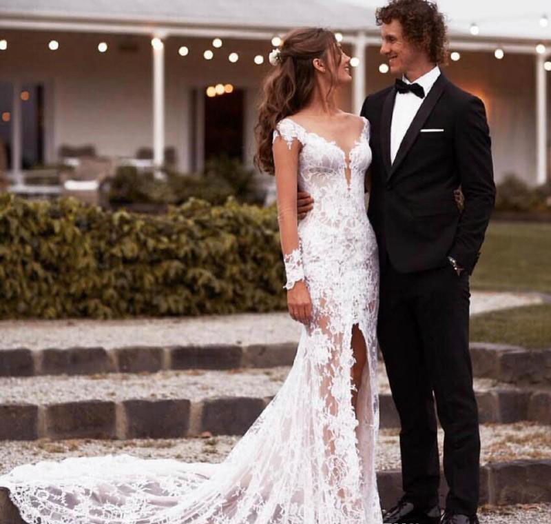 High Quality Boho Lace Open Back Wedding Dresses Mermaid Long Sleeve Garden Country Bride Bridal Gowns Custom Made Plus Size