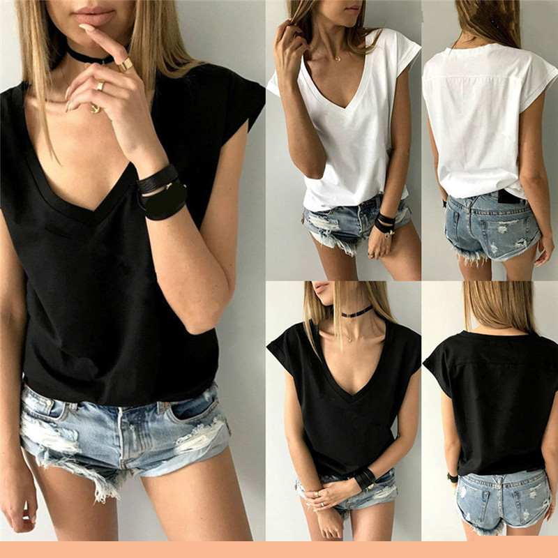 2020 Fashion Summer Women T Shirts Black White Solid Color Short Sleeve V-neck Wild Loose Lady Casual Tops Tee Shirts Female T-Shirt