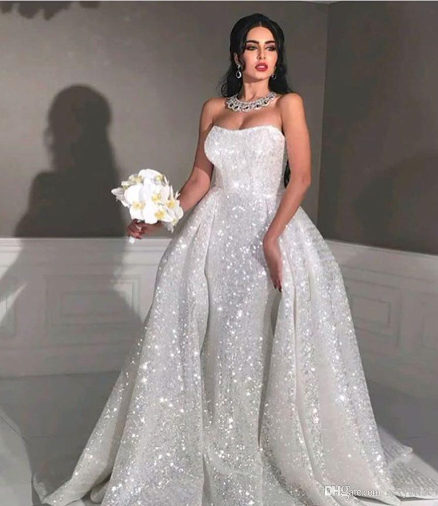 Luxury Detachable Train Mermaid Wedding Dresses White Sequined Glitter Strapless Arabic Dubai Bridal Gowns Plus Size Custom Wedding Dress