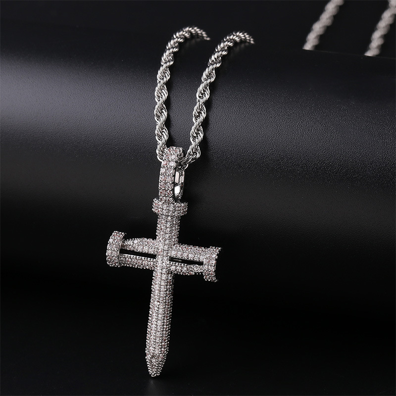 18K Gold & White Gold CZ Cublic Zirconia Nail Cross Pendant Necklace for Lovers Couples Iced Out Hip Hop Jewelry Gifts for Men and Women