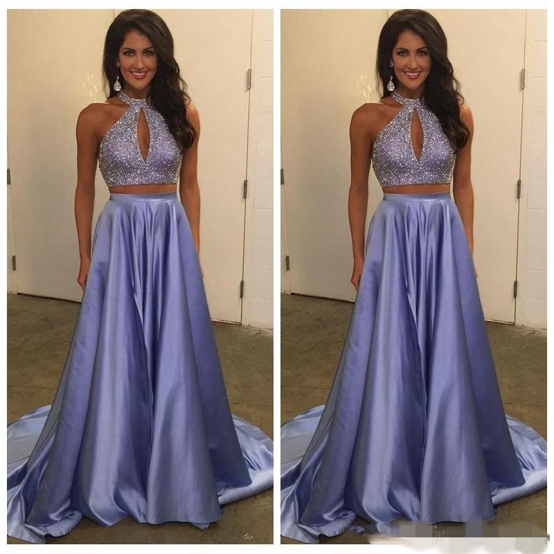 Lavender Two Piece Prom Dresses Beaded Halter Satin Sweep Train Keyhole Neck Evening Gown Junior S Graduation Party Wear