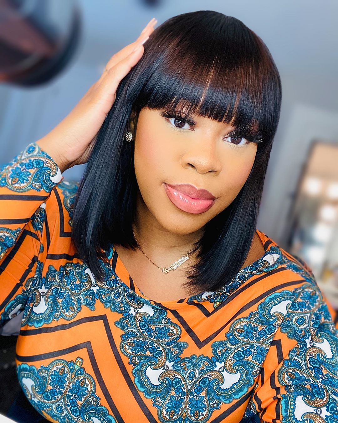 Ishow Short Bob Wigs Loose Body Afro Kinky Curly Peruvian None Lace Wig Straight Human Hair Wigs with Bangs for Women All Ages Natural Color 8-14inch