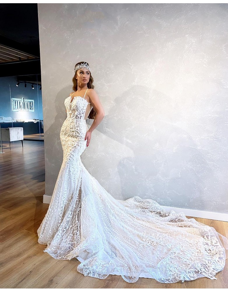elegant mermaid wedding dresses spaghetti sleeveless beads appliques lace wedding dresses court train bridal gowns