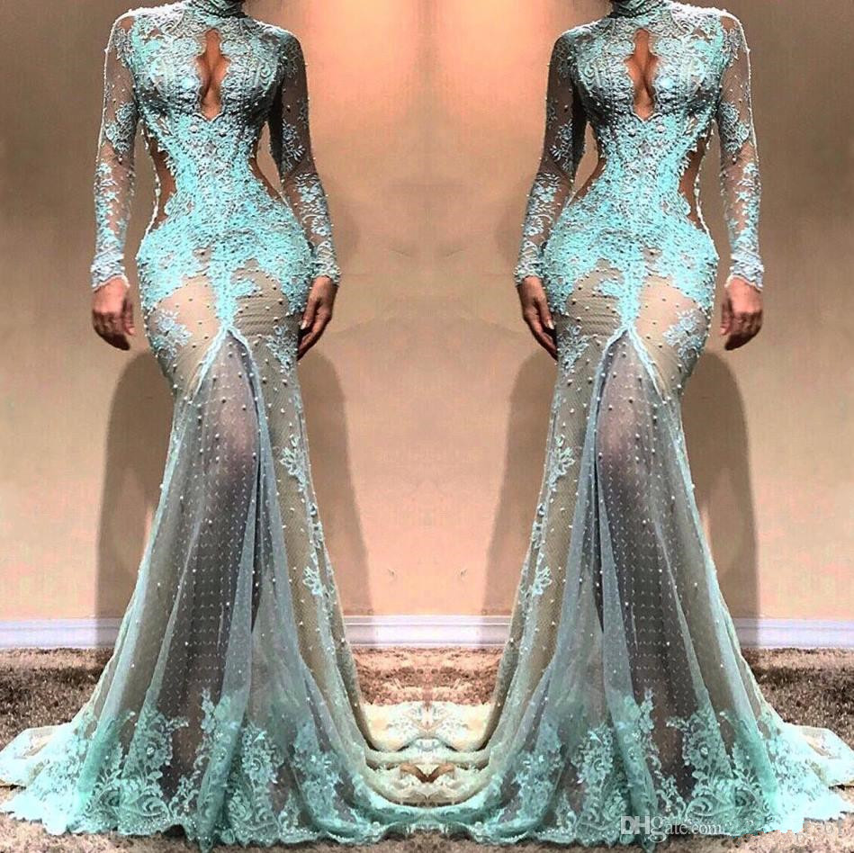 2019 High Neck Gorgeous Long Sleeves Mermaid Evening Dresses Illusion Lace Formal Prom Dresses Cutaway Side Celebrity Gowns BC0003, White
2019 High Neck Gorgeous Long Sleeves Mermaid Evening Dresses Illusion Lace Formal Prom Dresses Cutaway Side Celebrity Gowns BC0003, White