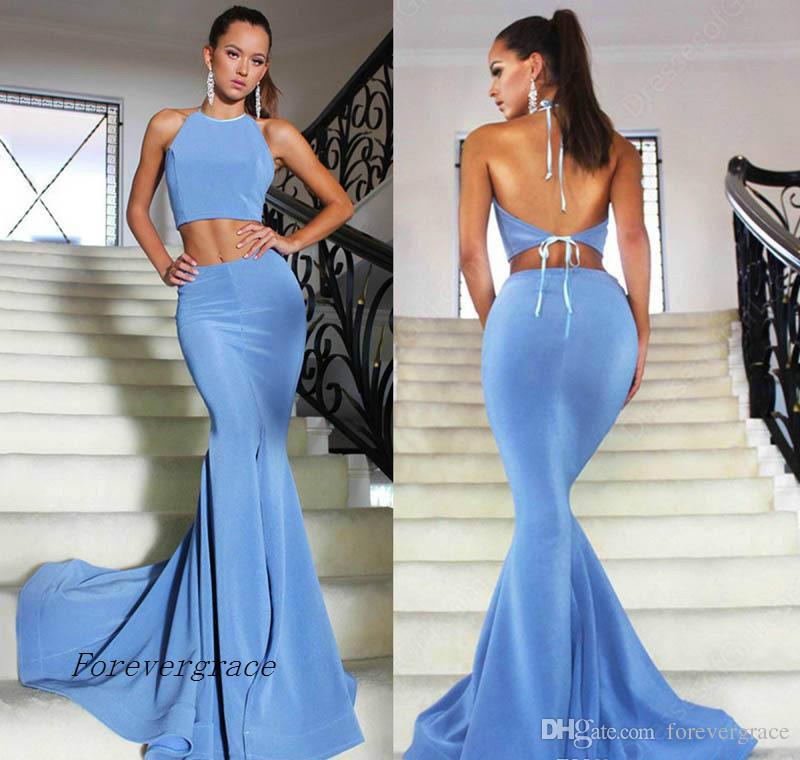 2019 Gorgeous Ocean Blue Prom Dress Cheap Simple Two Piece Backless Formal Summer Holidays Wear Evening Party Gown Custom Made Plus Size