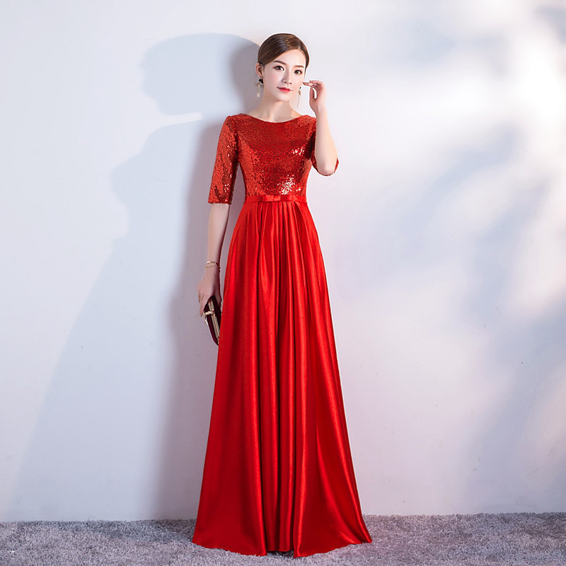 Satin Long Bridesmaid Dresses with Sequins Top 2020 Half Sleeves Evening Gown Lace Up Party Dress Elegant Gold Royal Blue Red