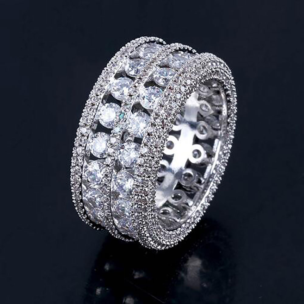 Mens 2 Row Channel Set Hollow 360 Eternity Band Gold CZ Bling Ring Full Simulated Diamonds Micro Pave Set Stones Hip Hop Rings