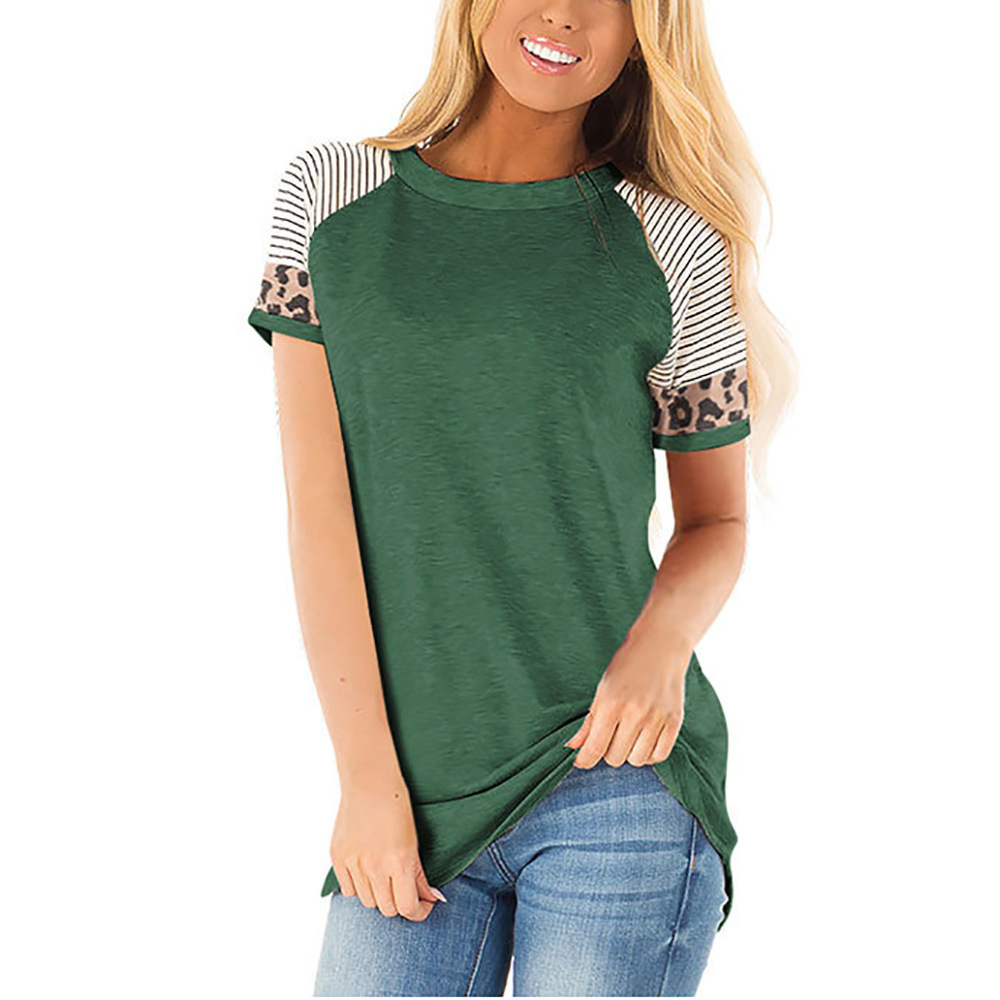 Women Striped Leopard Patch Baseball short Sleeve T-Shirt Femme Plus Size Tee Top Shirt Korean Casual Basic Clothes Trendy