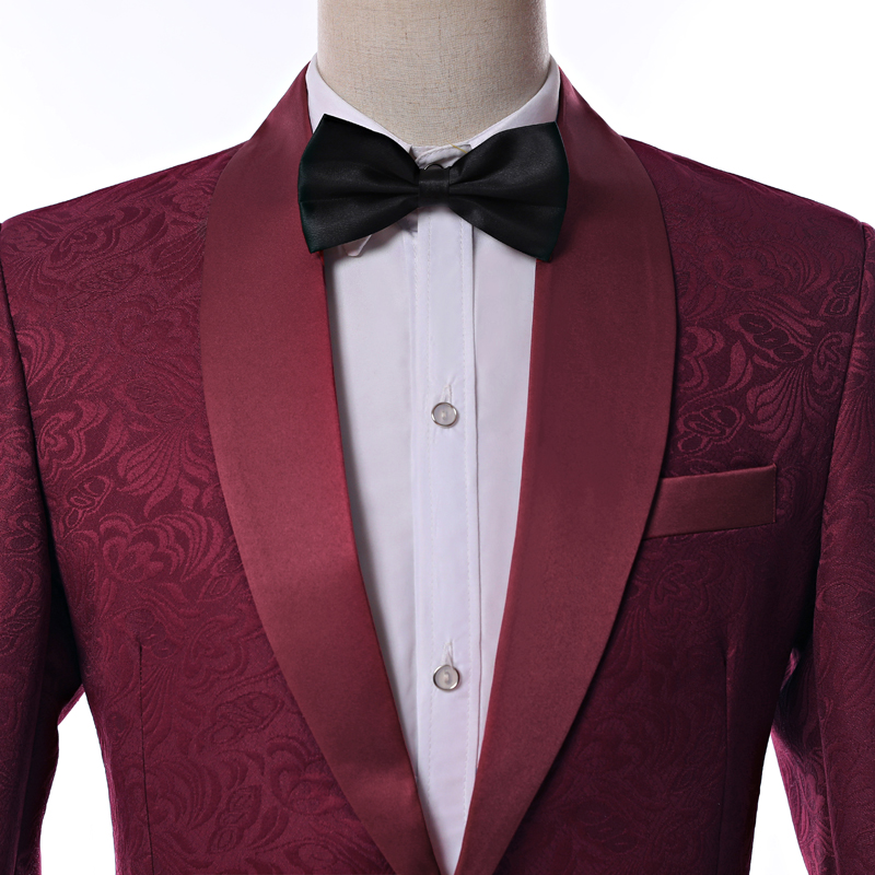 Real Picture Side Vent One Button Burgundy Paisley Groom Tuxedos Shawl Lapel Groomsmen Wedding Men Party Suits (Jacket+Pants+Tie) W12
