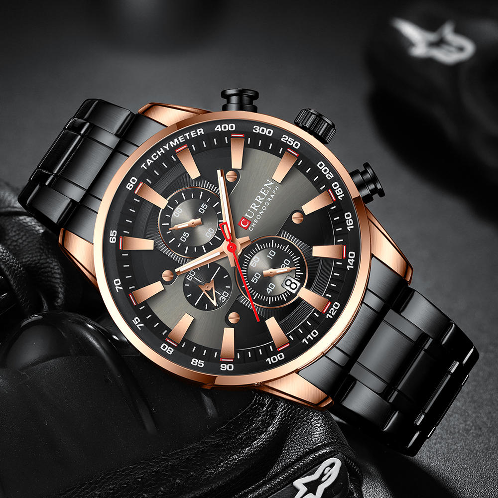 CURREN Black Gold Watch for Men Fashion Quartz Sports Wristwatch Chronograph Clock Date Watches Stainless Steel Male Watch CX200805