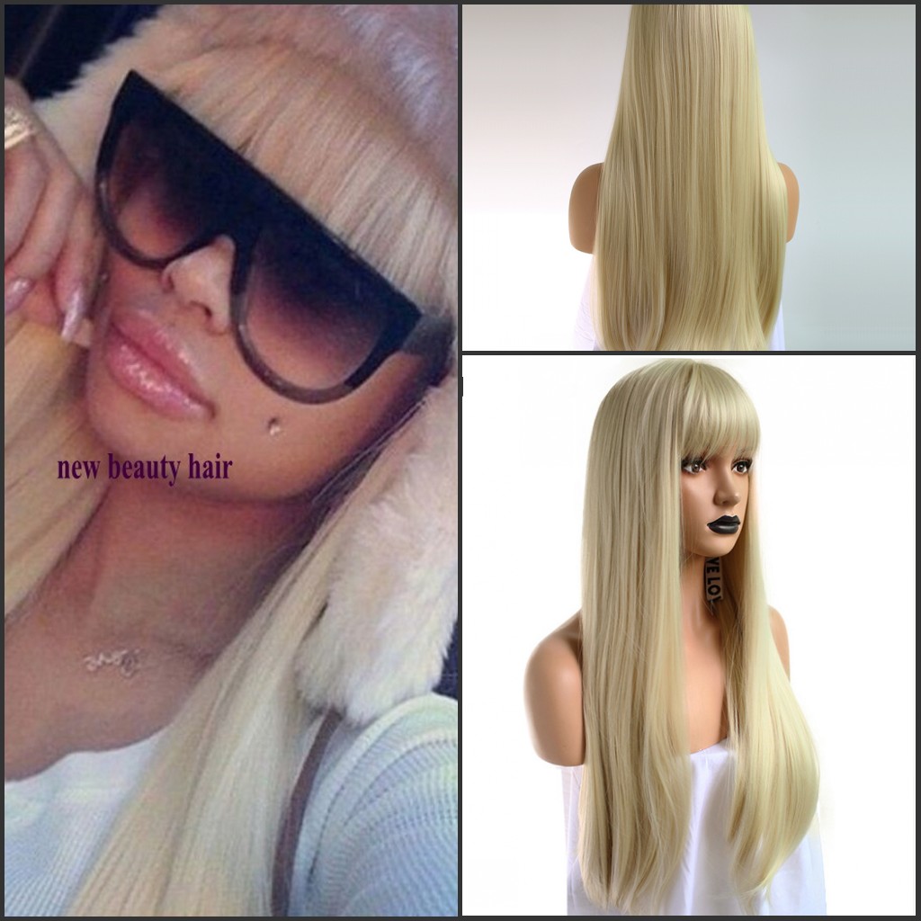 Natural Hairline Heat Resistant Straight Long Blonde Cosplay Wig Hand Tied Heat Resistant Synthetic Lace Front Wigs with bangs for Women