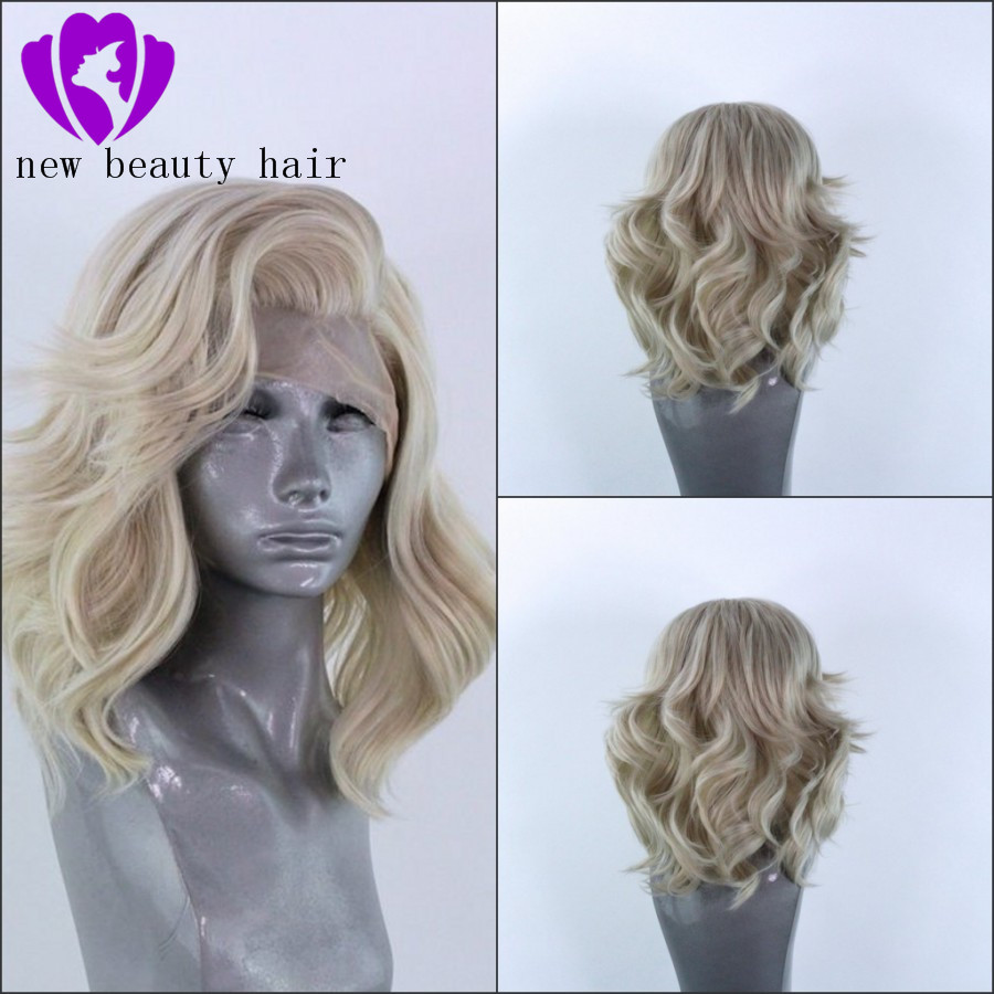 Glueless High Temperature Fiber Natural Hair Wigs short body wave Blonde Synthetic Lace Front Wig For American Women
